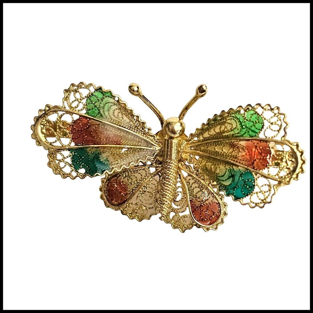 Vintage Enamel Filigree Butterfly Brooch Pin Gold Tone Multicolor Wings